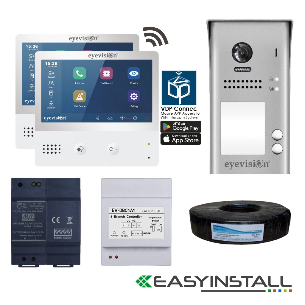 2 Wire Smart Video Intercom System, WiFi Connection, Smart Phone APP, 105° Video Camera, 2 Call Buttons Doorbell