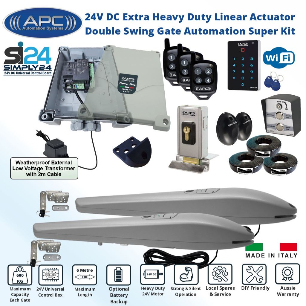 Double Driveway Gate Opener Secure Kit with Electric Lock and Extra Heavy Duty Italian Made APC PS-6000 Linear Actuator, Wi-Fi Keypad with APP Control and Swipe Tag Reader. APC Gate Automation System