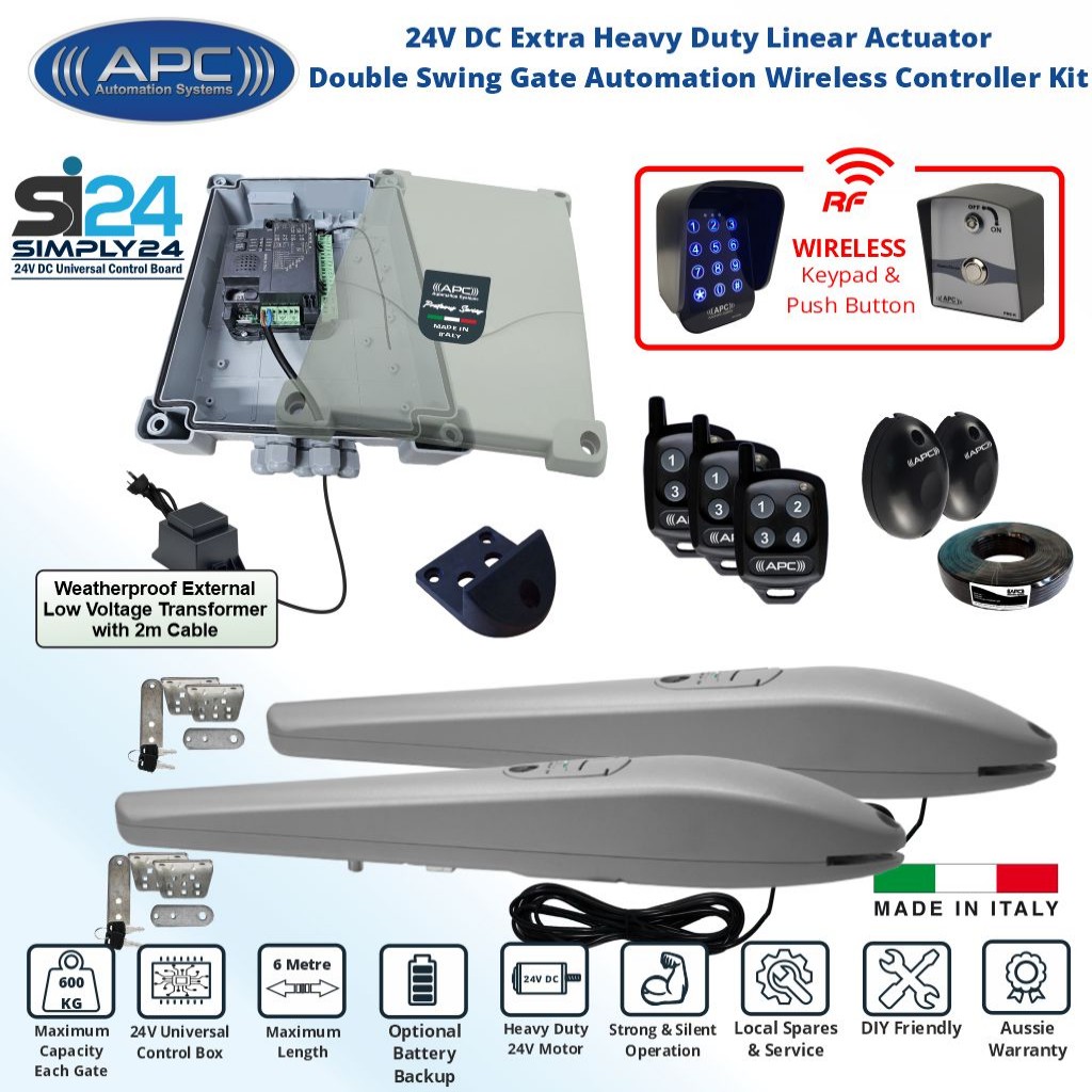 Gate Automation Wireless Controller DIY Kit. Extra Heavy Duty Italian Made APC PS-6000 Linear Actuator Automatic Electric Gate Opener, Wireless Keypad and Push Button Switches.
