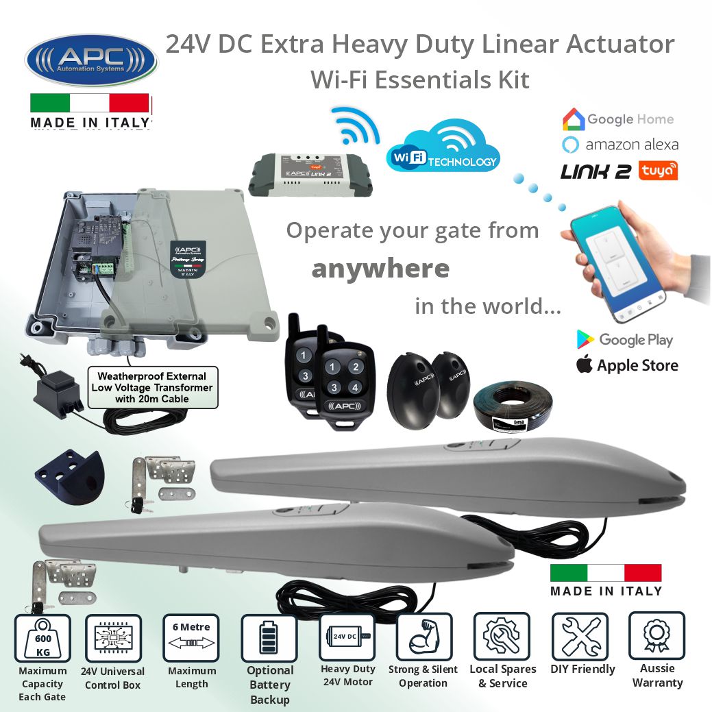 WiFi Control Smart Gate Automation with APC Link2 Wi-Fi Module. Italian Made APC PS-6000 Linear Actuator, Gate Automation. Double Swing Gate Opener APC Smart Control Kit