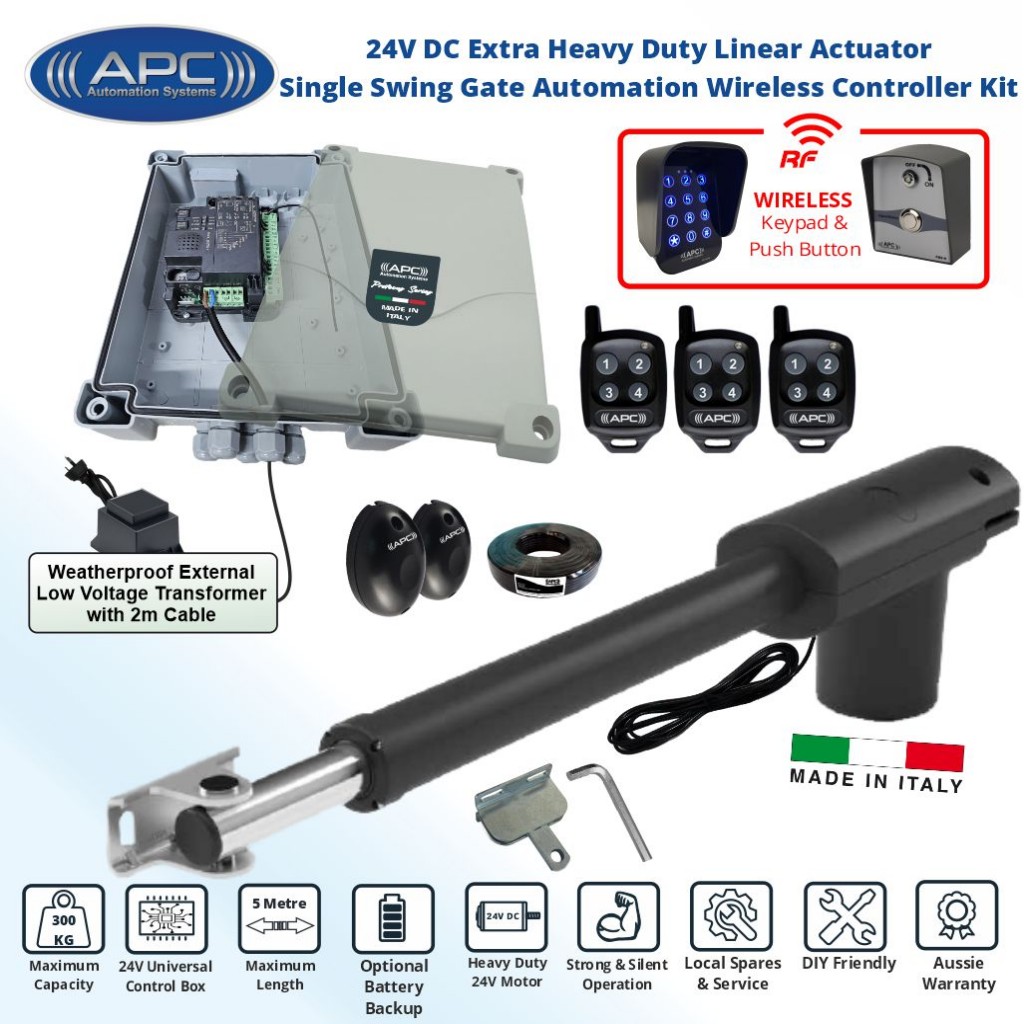 Driveway Gate Automation DIY Kit with Wireless Keypad and Push Button Switches Controller. Extra Heavy Duty Italian-Made APC PT-5000 Linear Actuator Automatic Electric Gate Opener