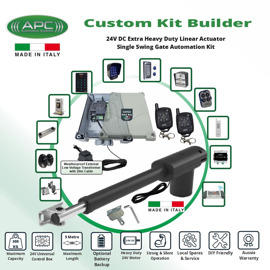 Build Your Own Gate Automation 24V System with Italian-Made APC PT-5000 Heavy Duty Linear Actuator, 24V Low Voltage Powered Single Swing Gate Opener DIY Kit.