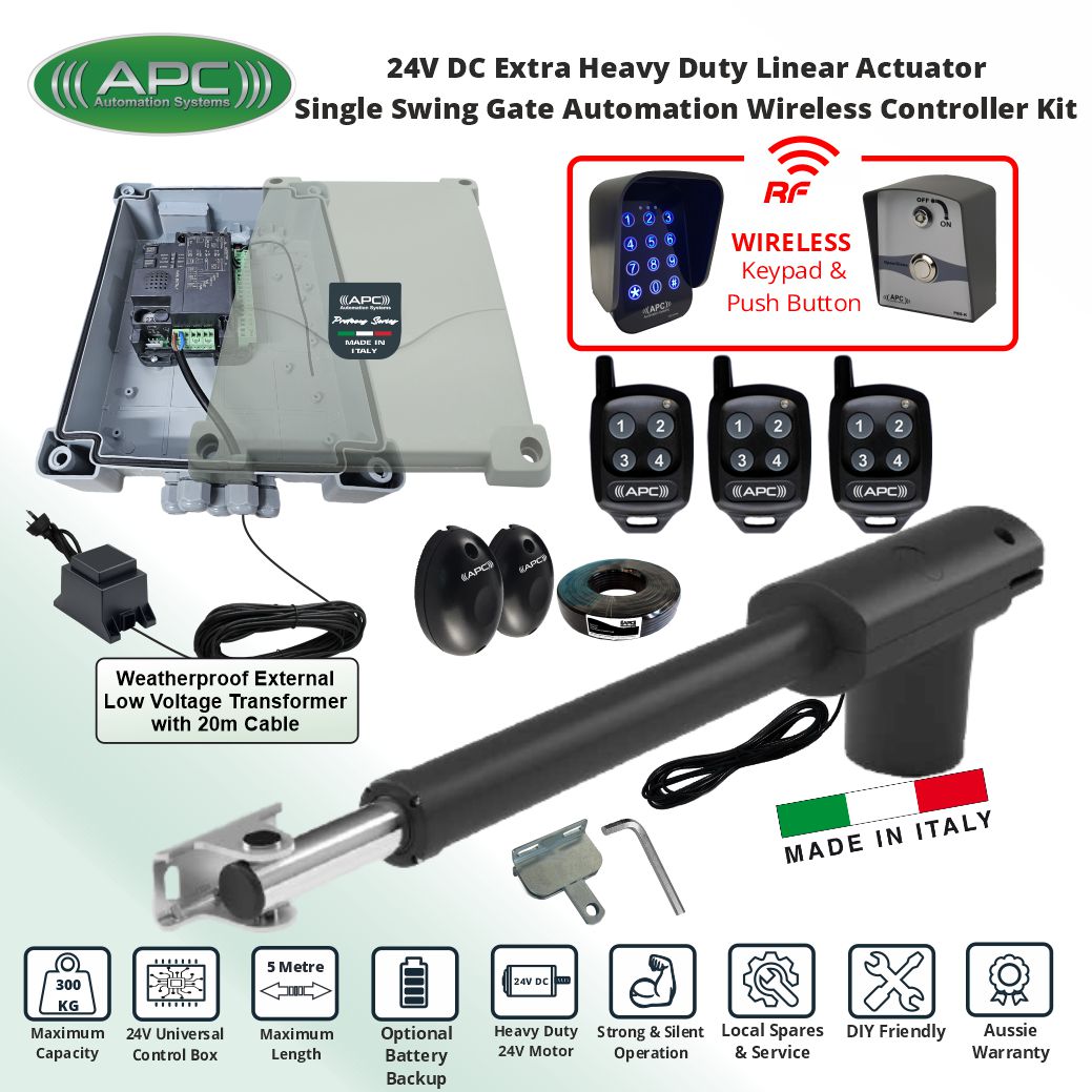 Driveway Gate Automation 24V System DIY Kit with Wireless Keypad and Push Button Switches Controller. Italian-Made APC PT-5000 Linear Actuator Automatic 24V Low Voltage Electric Gate Opener