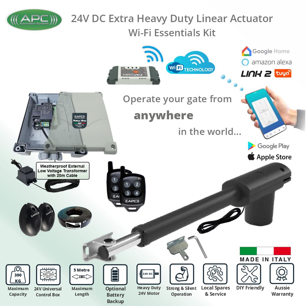 APC 24V Gate Automation Wi-Fi APP Control Kit with APC Link2 WiFi Smart Gate Automation Module. Single Swing Driveway Gate Opener 24V Low Voltage System