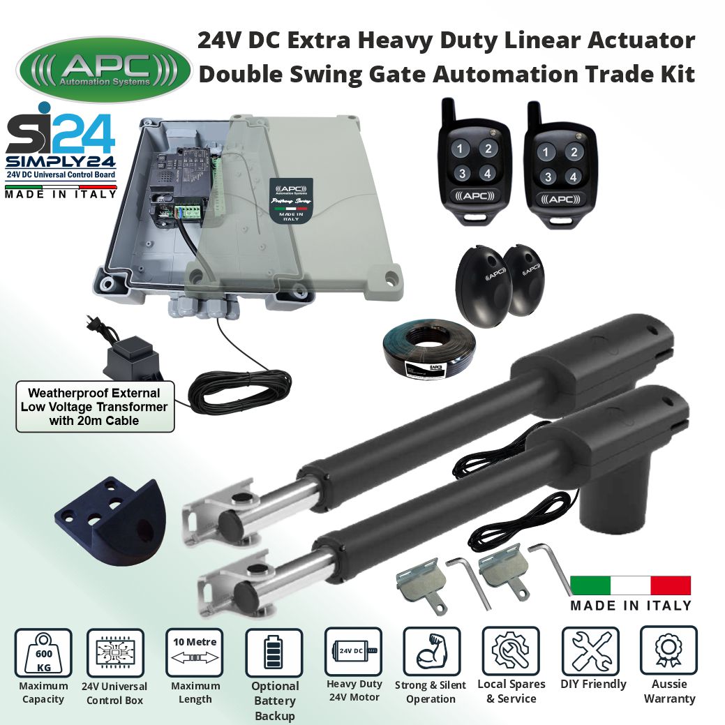 APC Double Swing Gates Opener DIY Kit 24V Low Voltage System With Extra Heavy Duty Italian Made Proteous PT-9000 Telescopic Linear Actuator, Remote Control Gate Automation System