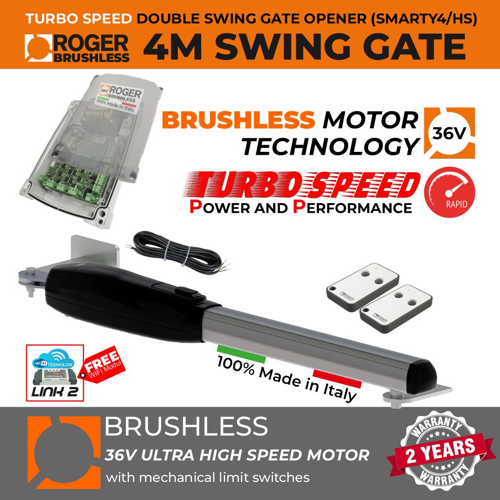Italian-Made Roger Technology 36V Brushless Ultra High-Speed Swing Gate Opener | Max. 4M or 400KG Gate Leaf | Super Intensive Use
