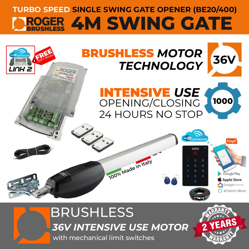 Italian-Made Roger Technology Brushless Swing Gate Automotion System| Max. 4M or 400KG Gate Leaf | Super Intensive Use