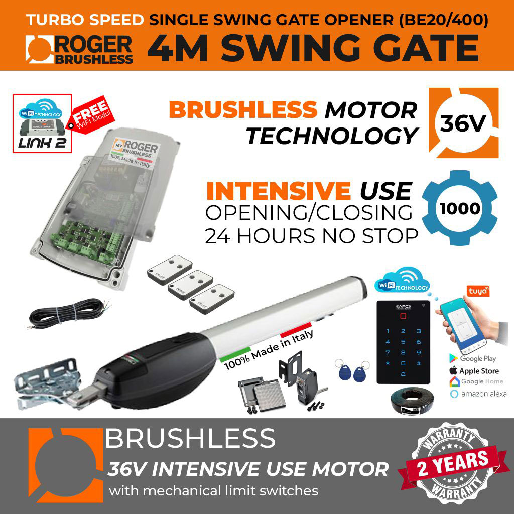 Italian-Made Roger Technology Brushless Swing Gate Automotion System| Max. 4M or 400KG Gate Leaf | Super Intensive Use