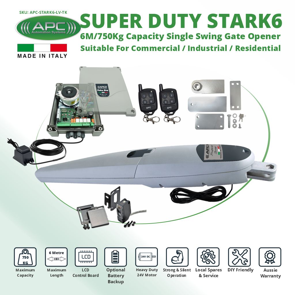 Italian Made Super Duty STARK6 Single Swing Gate Automation Trade Kit. 6M/750Kg Capacity Gate Opener Suitable For Commercial, Industrial, and Residential Use