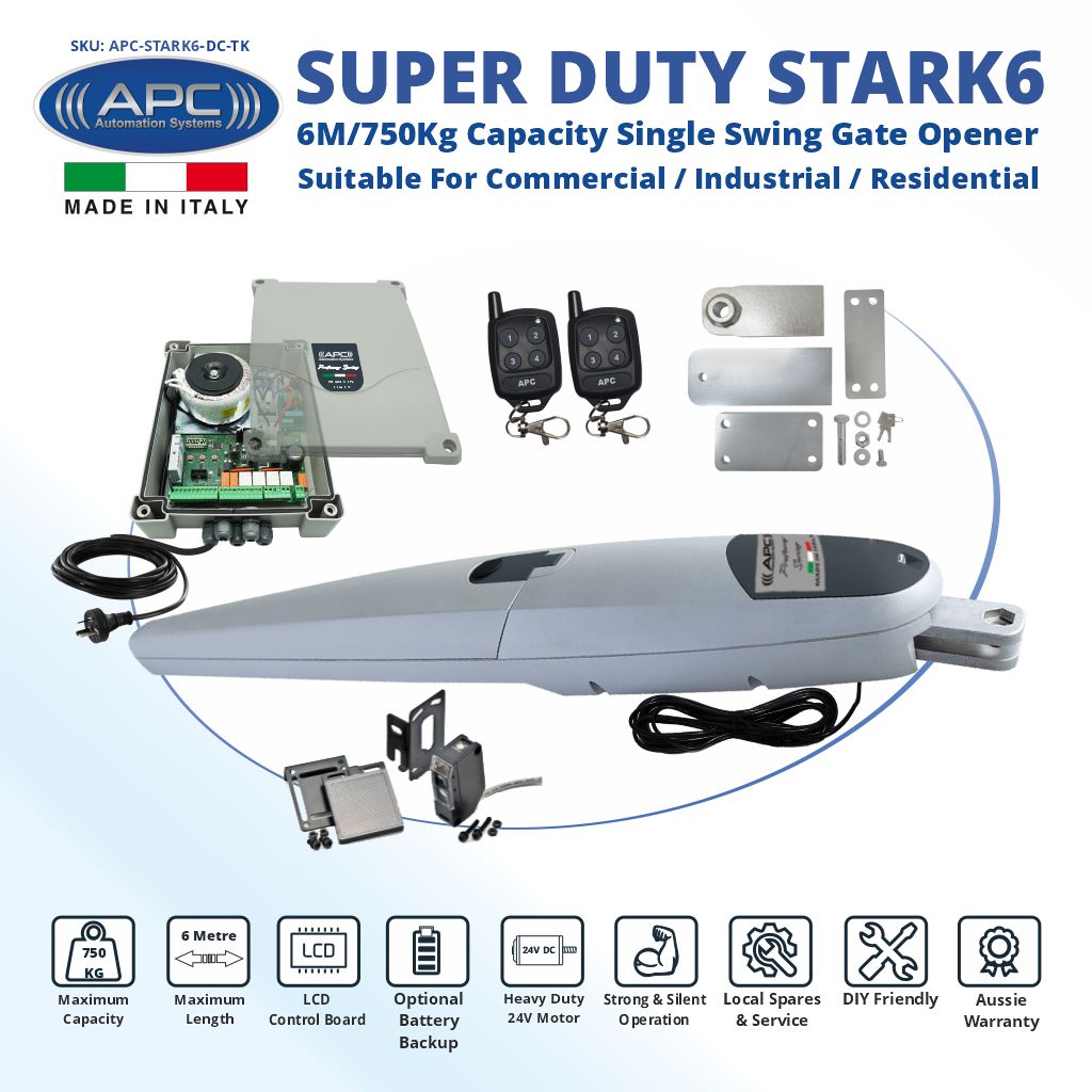 Italian Made Super Duty STARK6 Gate Automation Kit. 6M/750Kg Capacity Single Swing Gate Opener Suitable For Commercial, Industrial, Residential Use