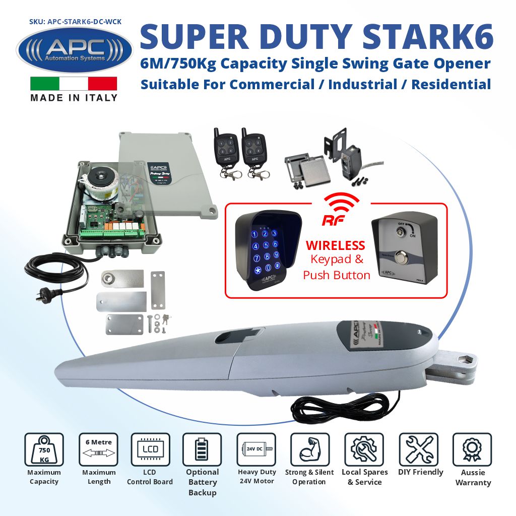 Super Duty STARK6 Italian Made Gate Automation Wireless Controller Kit. 6M/750Kg Capacity Single Swing Gate Opener Suitable For Commercial, Industrial, and Residential Use