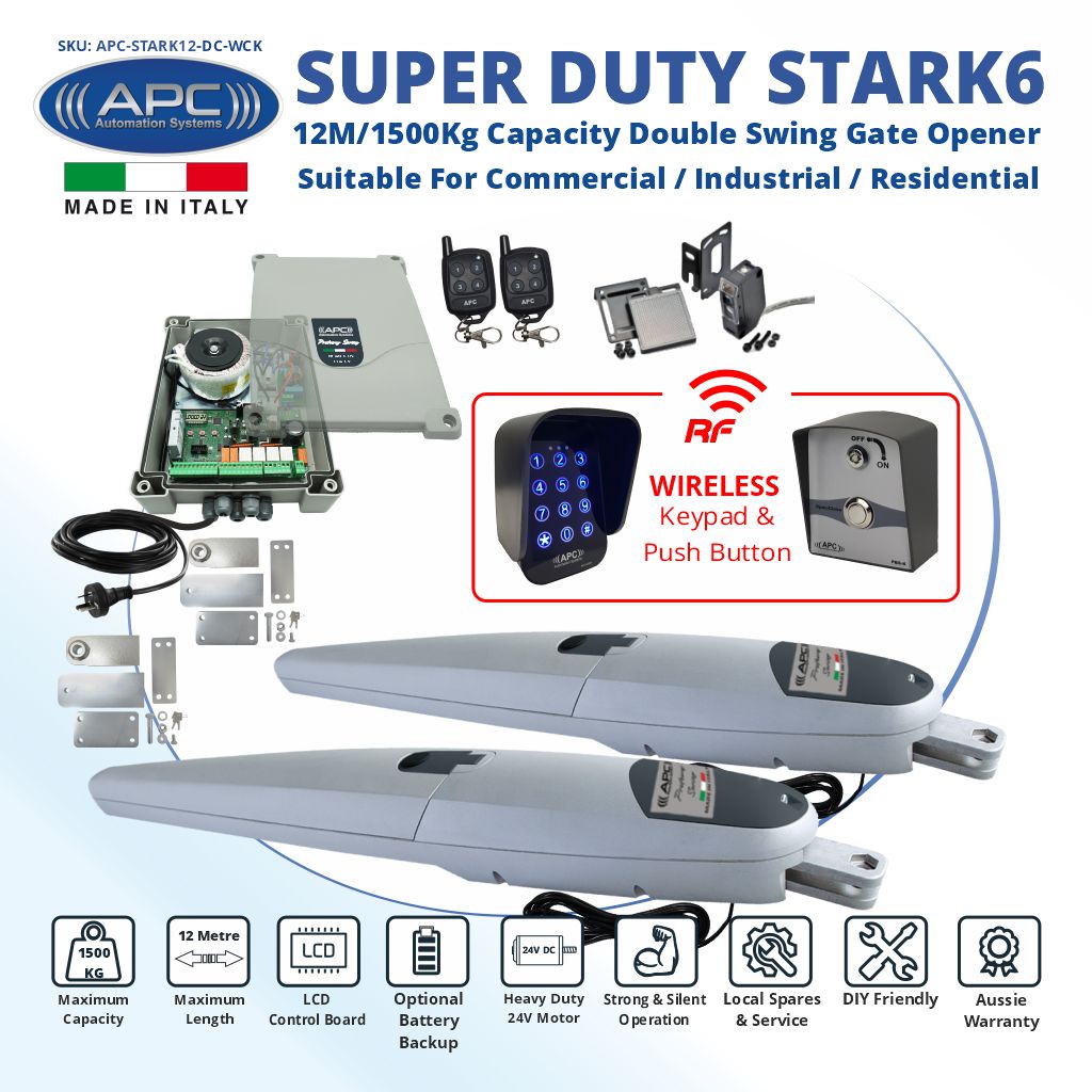 Italian Made Super Duty STARK12 Double Gate Automation Wireless Controller Kit. 12M/1500Kg Capacity Double Swing Gate Opener Suitable For Commercial, Industrial, and Residential Use