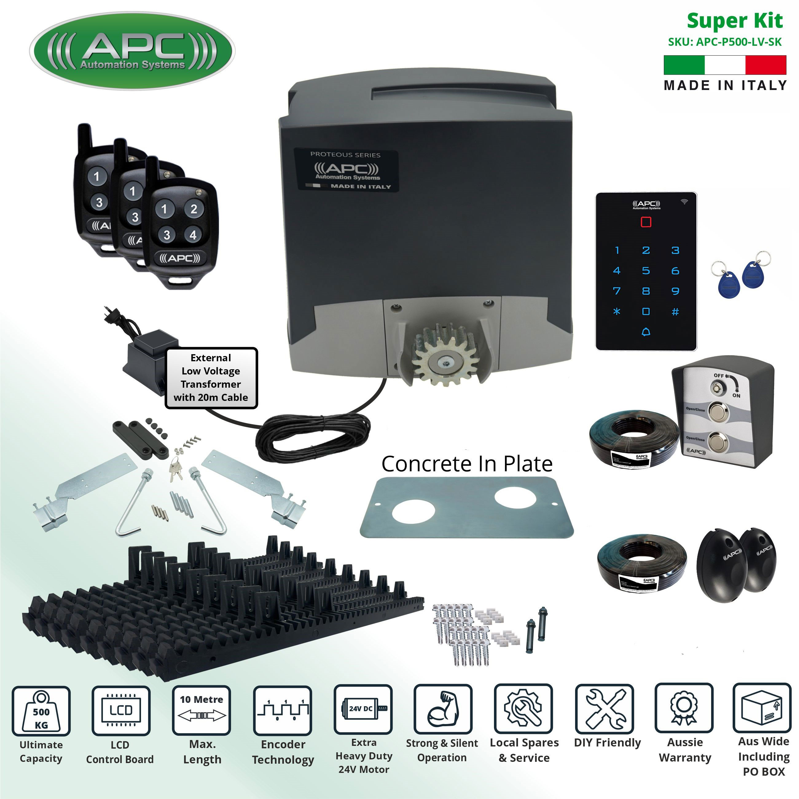 Low Voltage 24V DC Electric Gate APC Proteous 500 FEATURE RICH Extra Heavy Duty Automatic Sliding Gate Opener Super Kit with Encoder System
