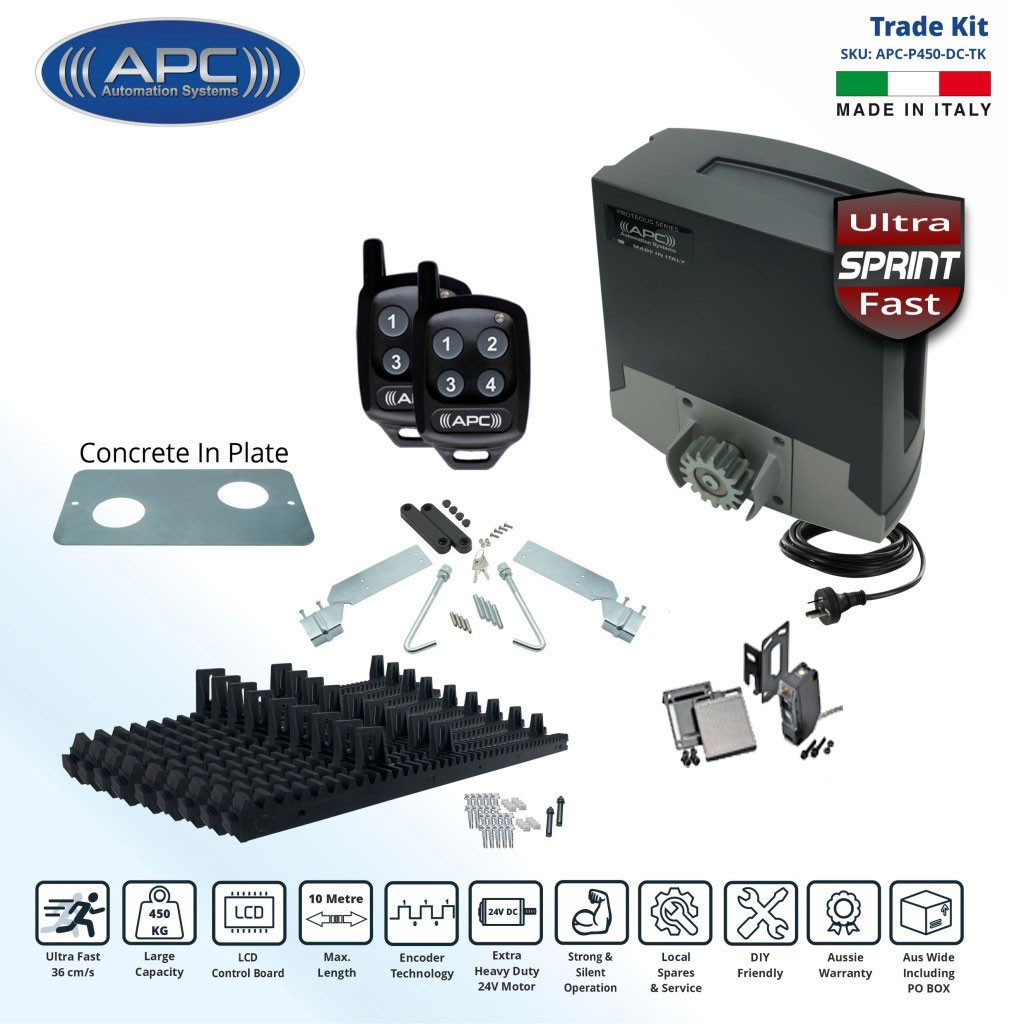 Ultra Fast Sliding Electric Gate Opener Kit with AC to 24V DC APC Proteous 450 Sprint Extra Heavy Duty FEATURE RICH Gate Automation with Encoder System