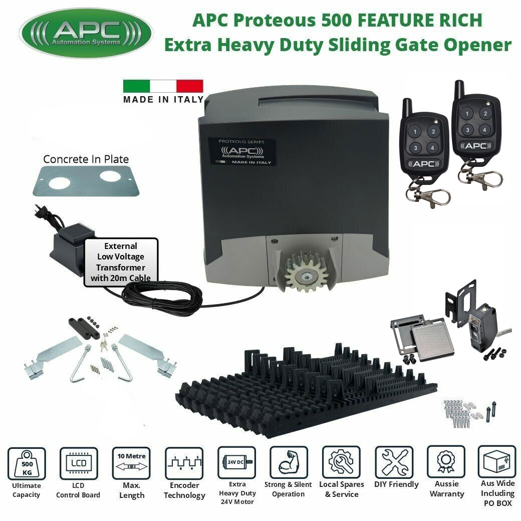Extra Low Voltage 24V DC Electric Gate APC Proteous 500 FEATURE RICH Extra Heavy Duty Automatic Sliding Gate Opener Trade Kit with Encoder System