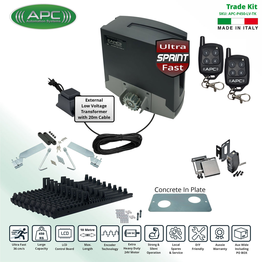 APC Electric Gate Automation Proteous 450 Sprint, Sliding Gate Opener Kit Extra Low Voltage 24V DC, ULTRA Fast, Extra Heavy Duty Gate Automation with Encoder System