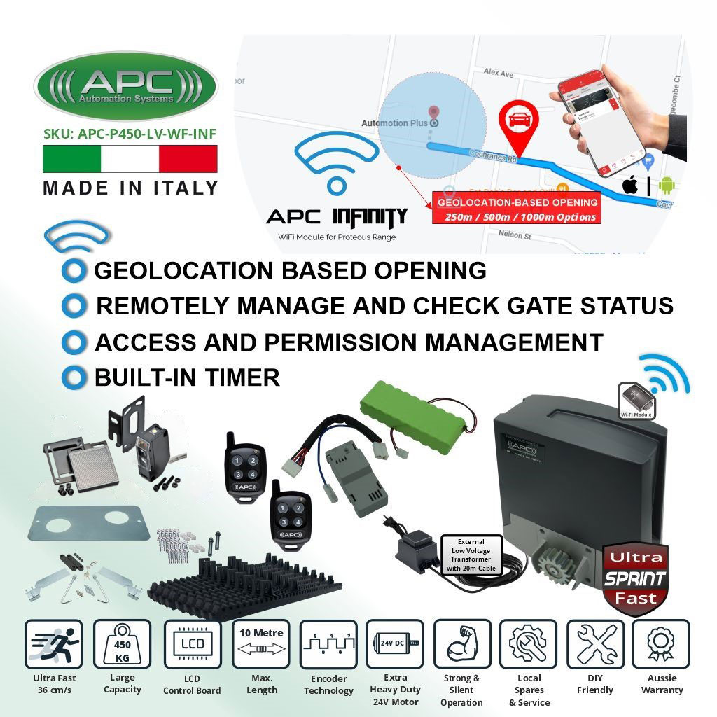 Extra Low Voltage 24V DC Electric Gate Automation, Sliding Gate Opener Wi-Fi Kit, APC Proteous 450 Sprint ULTRA Fast Extra Heavy Duty Automatic Sliding Gate with Encoder System