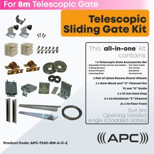 8m Telescopic Sliding Gate Complete Hardware Kit for Cladded Gate with Recess Mounted Wheels and More