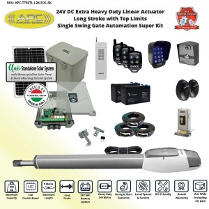 Solar Gate Automation Extra Heavy Duty Long Stroke, All Metal Gears, Telescopic Linear Actuator with Italian Made Logico 24 Control Unit Kit with Top Limits, Single Swing Solar Gate Opener
