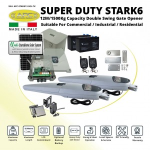 Italian Made Super Duty STARK 12 Double Swing Solar Powered Gate Automation Kit. 12M/1500Kg Capacity Gate Opener Suitable For Commercial, Industrial, and Residential Use