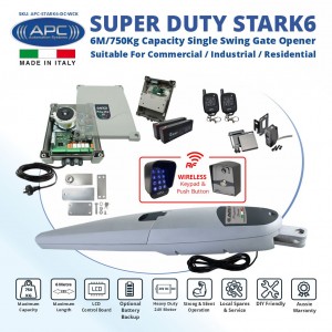 Super Duty STARK6 Italian Made Gate Automation Wireless Controller Kit. 6M/750Kg Capacity Single Swing Gate Opener Suitable For Commercial, Industrial, and Residential Use