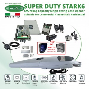 Italian-Made Super Duty STARK6 Single Swing Gate Automation Wireless Controller Kit. 6M/750Kg Capacity Gate Opener Suitable For Commercial, Industrial, Residential Use