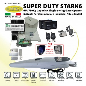 Italian Made Super Duty STARK 6 Single Swing Solar Powered Gate Automation Wireless Controller Kit. 6M/750Kg Capacity Gate Opener Suitable For Commercial, Industrial, and Residential Use