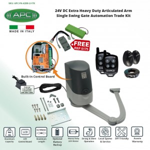Extra Heavy Duty Italian Made Proteous PS-4200 Articulated Arm Trade Kit, Single Swing Gate Opener With Battery Back-up