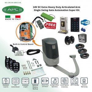 Extra Heavy Duty Italian Made Proteous PA-4200 Articulated Arm Super Kit, Single Swing Gate Opener With Battery Back-up