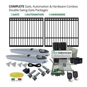 Complete Gate, Solar Powered Gate Automation & Hardware Combos with Italian Made Gate Opener. Solar Double Swing Gate Packages