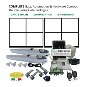 Complete Double Gate Frames, Solar Powered Gate Automation & Hardware Combos with Italian Made Gate Opener. Solar Double Swing Gate Packages