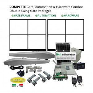 Complete Double Gate Frames, Solar Powered Gate Automation & Hardware Combos with Italian Made Gate Opener. Solar Double Swing Gate Packages