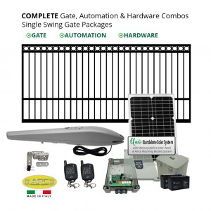 Complete Gate, Solar Powered Gate Automation & Hardware Combos with Italian Made Gate Opener. Solar Single Swing Gate Packages