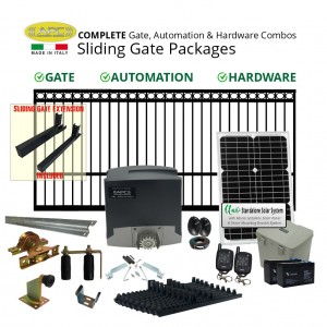 Solar Gate Automation 4.9m Ring Top Gate Combo Package (4.5m Ring Top Gate + 0.4m Gate Extension) including Hardware, Sliding Gate Opener, Solar Panel, and Batteries