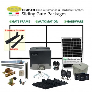 Solar Gate Automation 4.9m Gate Frame Combo Package (4.5m Gate Frame + 0.4m Gate Extension) including Hardware, Italian Made Sliding Gate Opener, Solar Panel, and Batteries