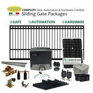 Solar Gate Automation Combo Package. Heavy Duty Italian Made Sliding Gate Opener System Including Hardware with 5m Ring Top Sliding Gate (Six Weeks Lead Time After Order)