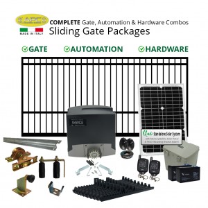 Solar Gate Automation with 5m Square Top Gate Including Hardware Combo Package. Heavy Duty Italian Made Sliding Gate Opener, Solar Panel, Batteries, Gate, and Hardware (Six Weeks Lead Time After Order)