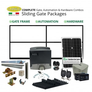 Solar Gate Automation with 3m Gate Frame Including Hardware Combo Package. Italian Made Sliding Gate Opener, Gate Frame, Hardware, Solar Panel, and Batteries