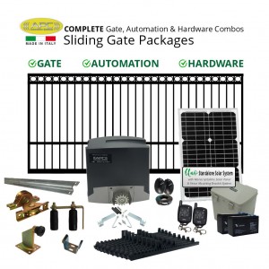 Solar Gate Automation and 4m Ring Top Sliding Gate Combo Package. Heavy Duty Italian Made Sliding Gate Opener System Including Gate, Hardware, Solar Panel, and Batteries