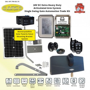 Solar Powered Gate Automation Trade Kit. APC-790 Forward/Side Mount Extra Heavy Duty Articulated System With Adjustable Limit Switches, Solar Gate Opener