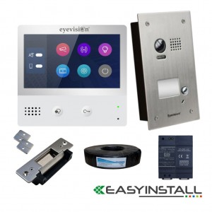 Eyevision® EasyInstall Two-Wire Doorbell Video Intercom and Electric Striker System with 7-Inch Touch Screen Intercom Monitor, 105 Degree Flush Mount Stainless Steel Outdoor Station Video Camera Doorbell, and Stainless Steel Electric Gate and Door Striker