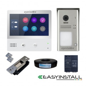Eyevision® EasyInstall Two-Wire Doorbell Video Intercom with Electric Striker System. 7 Inch Touch Screen Intercom Monitor and Surface Mount Video Door Station 105° Wide Angle Outdoor Video Camera Doorbell, Stainless Steel Electric Gate and Door Striker