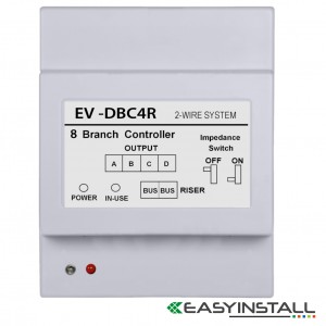 2-Wire EasyInstall Video Intercom System 4-Way Distributor Module (EV-DBC4R) for up to 8 Monitors, DIN Rail Mount