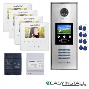 Four Apartment Eyevision Two Wire EasyInstall Intercom  System With Multi Key LCD Display and Video Camera Outdoor Station  - Complete Package with 4 Inch Monitors Upgradeable to 7 Inch Monitors