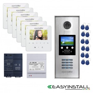 Six Apartment Eyevision Two Wire EasyInstall Intercom System With Multi Key LCD Display and Video Camera Outdoor Station - Complete Package with 4 Inch Monitors Upgradeable to 7 Inch Monitors