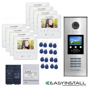 Eight Apartment Eyevision Two Wire EasyInstall Intercom System With Multi Key LCD Display and Video Camera Outdoor Station - Complete Package with 4 Inch Monitors Upgradeable to 7 Inch Monitors