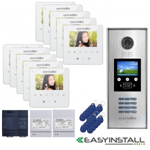 Ten Apartment Eyevision Two Wire EasyInstall Intercom System With Multi Key LCD Display and Video Camera Outdoor Station - Complete Package with 4 Inch Monitors Upgradeable to 7 Inch Monitors