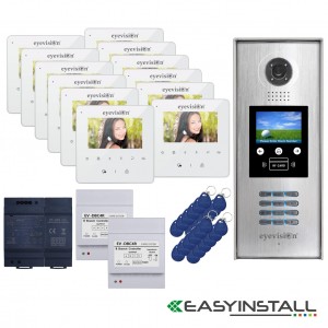 Twelve Apartment Eyevision Two Wire EasyInstall Intercom System With Multi Key LCD Display and Video Camera Outdoor Station - Complete Package with 4 Inch Monitors Upgradeable to 7 Inch Monitors