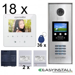 Eighteen Apartment Eyevision Two Wire EasyInstall Intercom System With Multi Key LCD Display and Video Camera Outdoor Station - Complete Package with 4 Inch Monitors Upgradeable to 7 Inch Monitors