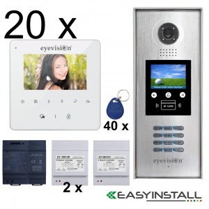 Twenty Apartment Eyevision Two Wire EasyInstall Intercom System With Multi Key LCD Display and Video Camera Outdoor Station - Complete Package with 4 Inch Monitors Upgradeable to 7 Inch Monitors